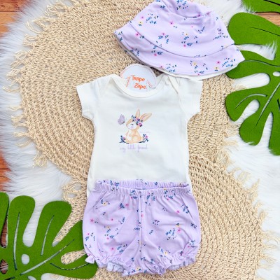 Conj. Body My Little Friend, Bucket e Short Florzinhas - Lilás e Off White